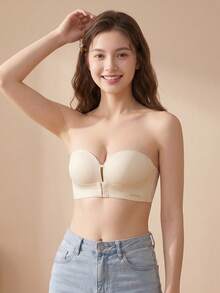 Bra Minimalis Tanpa Tali dengan Penutup Depan untuk Wanita, Bra Tanpa Kawat Tanpa Jahitan, Bra Tanpa Punggung Warna Polos, Gaya Gadis Manis, Nyaman, Mengangkat, Memberikan Dukungan, Bra Cup Tebal [Untuk Dada Rata] - Sampanye - View 3