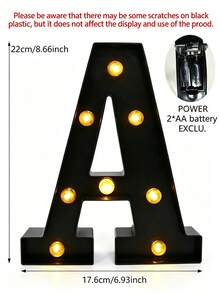 22cm 家居裝飾 LED 發光字母燈，婚禮求婚生日派對裝飾字母數字燈，女孩房裝飾燈，室內裝飾 - 黑色 - 查看 6