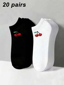 1/5/10/20 Pairs Women's Cherry Pattern Black & White Boat Socks, Sweet Breathable Invisible Socks, Suitable For Daily Wear, Sports, Home, All Seasons - Black and White - View 17