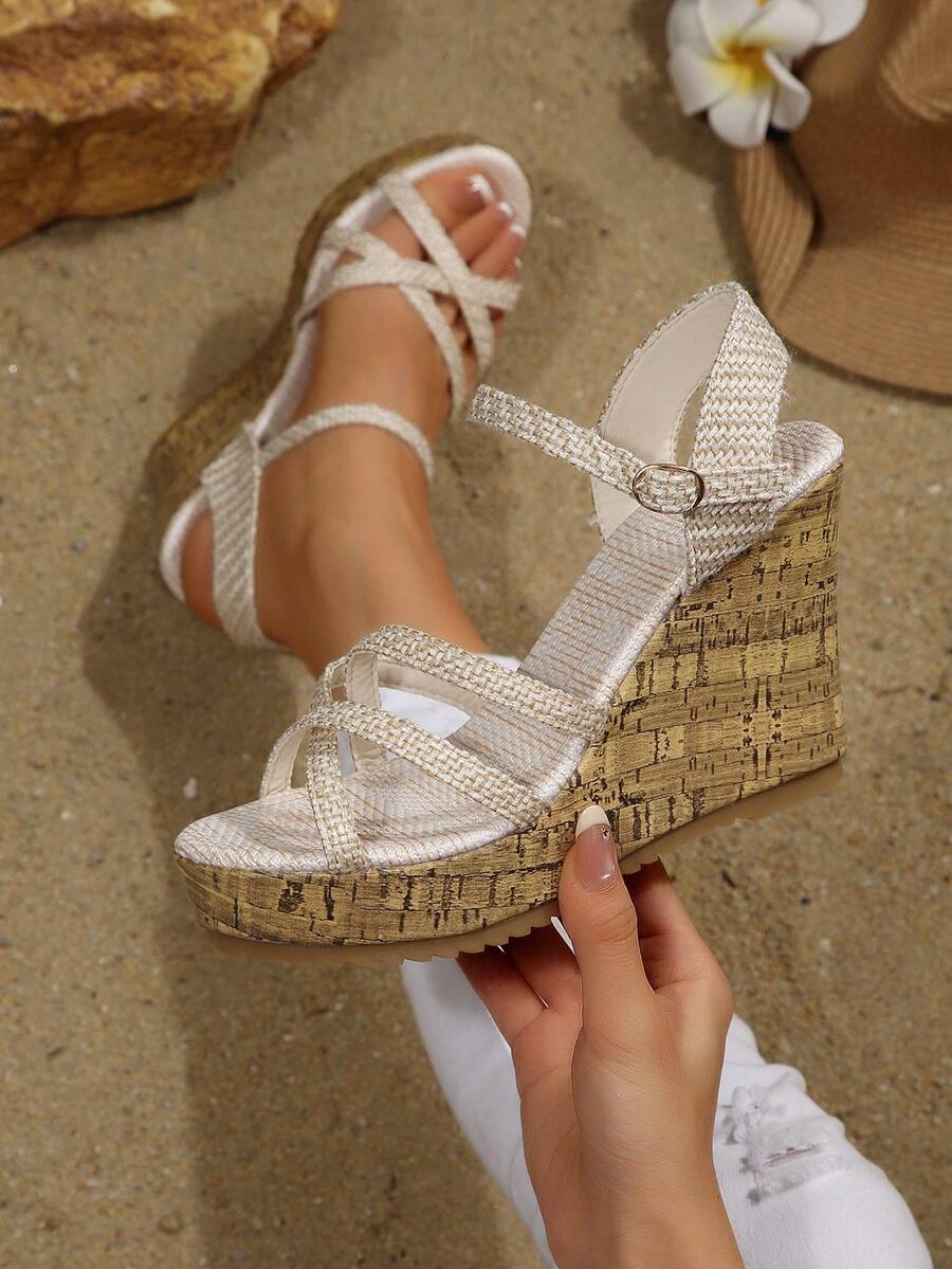 Sandalias de cuña con plataforma y suela de cuerda plateada, punta abierta, versátiles