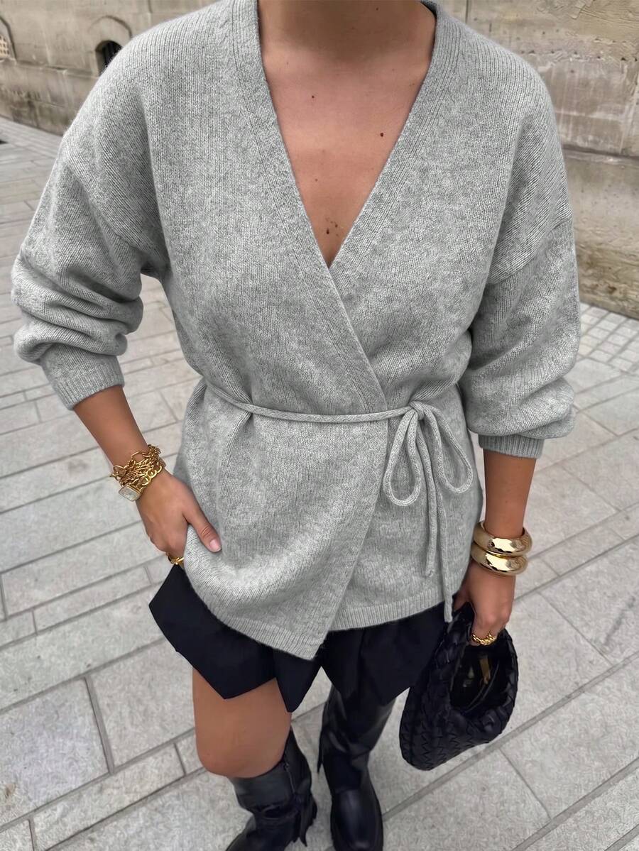 Women Wrap V Neck Tie Waist Knit Cardigan Long Sleeve Drop Shoulder Belted Open Front Sweater Coat Casual Outerwear - Grey - View 1