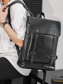 Tas Ransel Kulit PU Berkualitas Tinggi dengan Penutup Kapasitas Besar, Tas Laptop Mewah untuk Bisnis, Perjalanan, Tas Ransel Mahasiswa, Tas Ransel Modis untuk Pria - Hitam - View 4