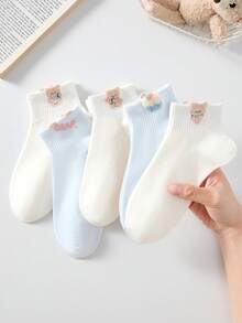 4 Pairs Women's Cute Sweet Breathable Cartoon Bear Pattern Short Invisible Boat Socks, Ankle Socks And Short Socks, White Socks, Blue Socks, Preppy Style, Back To School Season, Suitable For Daily Casual Wear, Random Style, Suitable For Spring, Summer, Autumn And Winter - Multicolor - View 3