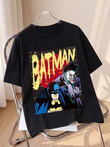 SHEIN X BATMAN Camiseta de verano para mujer con estampado retro de IP, versátil, estilo callejero Y2K, ideal para fotos urbanas, desplazamientos, viajes y fiestas informales. Negro - Negro - Ver 1