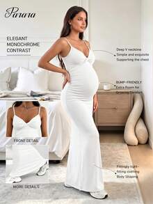 Vestido de Maternidad de unicolor Minimalista con Pliegues y Tirantes de Espagueti, Cómodo y de Moda Blanco de Verano - Blanco - Ver 1