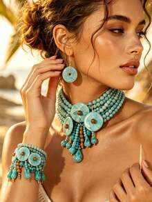 Women's Bohemian Turquoise Beaded Exaggerated Jewelry Set, Tassel Water Drop Choker Necklace, Pendant Earrings, Wide Cuff Bracelet, Beach Vacation Outfit Accessories - Multicolor - View 6