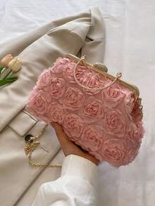 Dedoo 3D Rose Oval Hard Frame Clutch, Rhinestone Kiss Lock, Detachable Chain, Sweet Romantic Women's Handbag, Suitable For Bride Formal Occasions (Random Pattern) - Pink - View 4