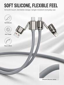 4合1多功能充電線，USB-A/USB-C輸入轉USB-C/Lightning輸出，最高240W USB-C轉USB-C快充，柔軟矽膠充電線配金屬接頭，適用於手機、平板電腦和筆記本電腦 - 灰色 - 查看 4
