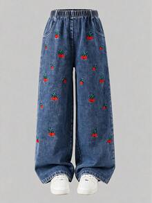 Tween Girls' Elastic Waist Denim Wide Leg Long Pants, All-Over Cherry Embroidery Washed Soft Denim Straight Leg Pants, Children's Casual Versatile Loose Long Pants - Blue - View 2