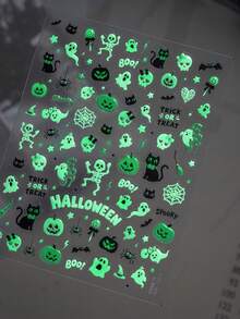 1pc Small Design Fluorescent Halloween Nail Art Stickers, Self-Adhesive Nail Decals With Pumpkin, Ghost, Spider Web, Witch And Stained Glass Pattern Design For Nail Decoration - Multicolor - View 4