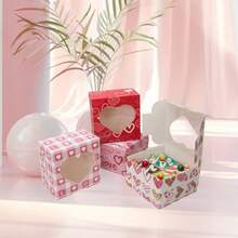 10Pcs 4.02*4.02*2.56in Sturdy Foldable Square Cardboard Gift Boxes, Heart Printed Pattern Favor Containers With Heart Cut-Out Clear Transparent Window, 4 Styles Available Packaging Boxes For Valentine's Day Party Candy Cookie Dessert Gift Wrapping - View 2