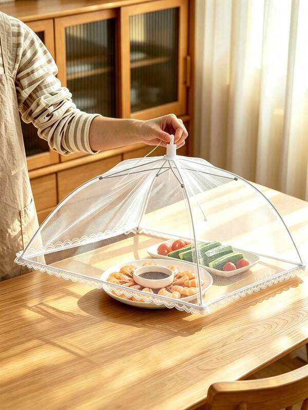 1pc White Multi Functional Foldable And Washable Mesh Food Cover, Prevent Flies And Mosquitoes From Approaching Food, Home/Kitchen, Camping Accessories, Picnic Essentials, Suitable For Dining Tables, Bbq, Party, Outdoor Utensil Covers