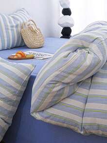 Fresh Blue & Green Vertical Striped 4-Piece Bedding Set, Puff Texture Synthetic Material, Japanese Style, Includes 1 Duvet Cover, 1 Bed Sheet, 2 Pillowcases, Duvet Insert And Pillow Insert Not Included - Teal - View 10