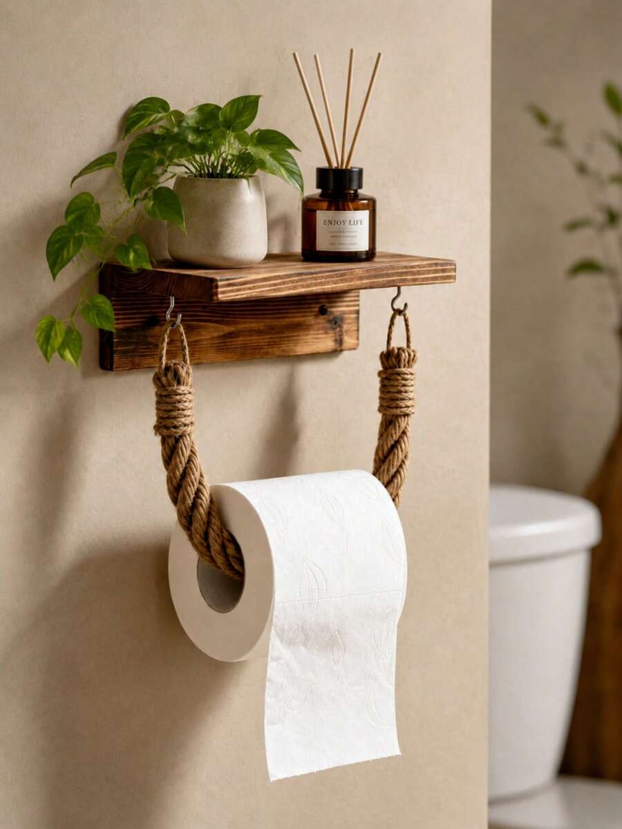 1 buah Tempat Tisu Dapur Anyaman Tangan, Rak Gulungan Tisu yang Dipasang di Dinding Tanpa Pengeboran, Tempat Tisu Dapur yang Dipasang di Dinding dengan Pengait. Aksesori Kamar Mandi Rumah Modern yang Praktis, Nyaman untuk Mengganti Gulungan Tisu. - B-hitam - View 1