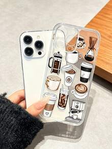1 buah Casing Ponsel Transparan Motif Minuman Kopi Kreatif dan Modis, Kompatibel dengan 17Promax 17Pro 17 16 16Promax 15 14 13 12 11 dan Model Lainnya, Pelindung TPU Lembut Tahan Guncangan dan Anti Jatuh - Clear - View 2