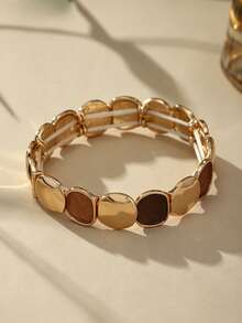 Cring Coco 2Pcs Vintage Coffee Color Block Enamel Stretch Bangle Set, Irregular Geometric Elastic Bracelets, Women Retro Textured Wide Bracelet Fashion Jewelry - Geometry 1 - View 6