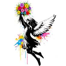 4/2/1 Sets Street Art Style Wall Sticker, Angel Girl With Colorful Flower Splash Ink Pattern Multicolor Removable Vinyl Wall Decal, Art Lovers Bedroom Salon Door Decor Popular Aesthetic Home Decorations - Flower Bouquet Angel - View 6