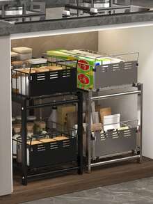 1pc Pull-Out Kitchen Cabinet Drawer, 2-Tier No-Drill Slide-Out Storage Rack, Space-Saving Cabinet Organizer, Suitable For Home Kitchen Use, Slide-Out Shelf For Kitchen Supplies Storage - Grey - View 3