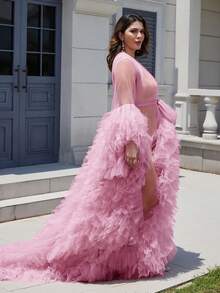 1 Piece Maternity Dresses Pregnant Gown For Photoshoot Christmas Sexy Mesh Fabric Ruffle Hem Wedding Kimono Women Dresses Belt Tie Relax Fit Oversized - 藕粉色 - 查看 4