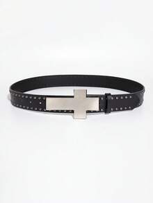 1pc Men's Black Y2K Punk Studded Star Buckle Casual Belt, Versatile Accessory For Jeans, Suitable For Daily Wear - Black - Cross - View 3