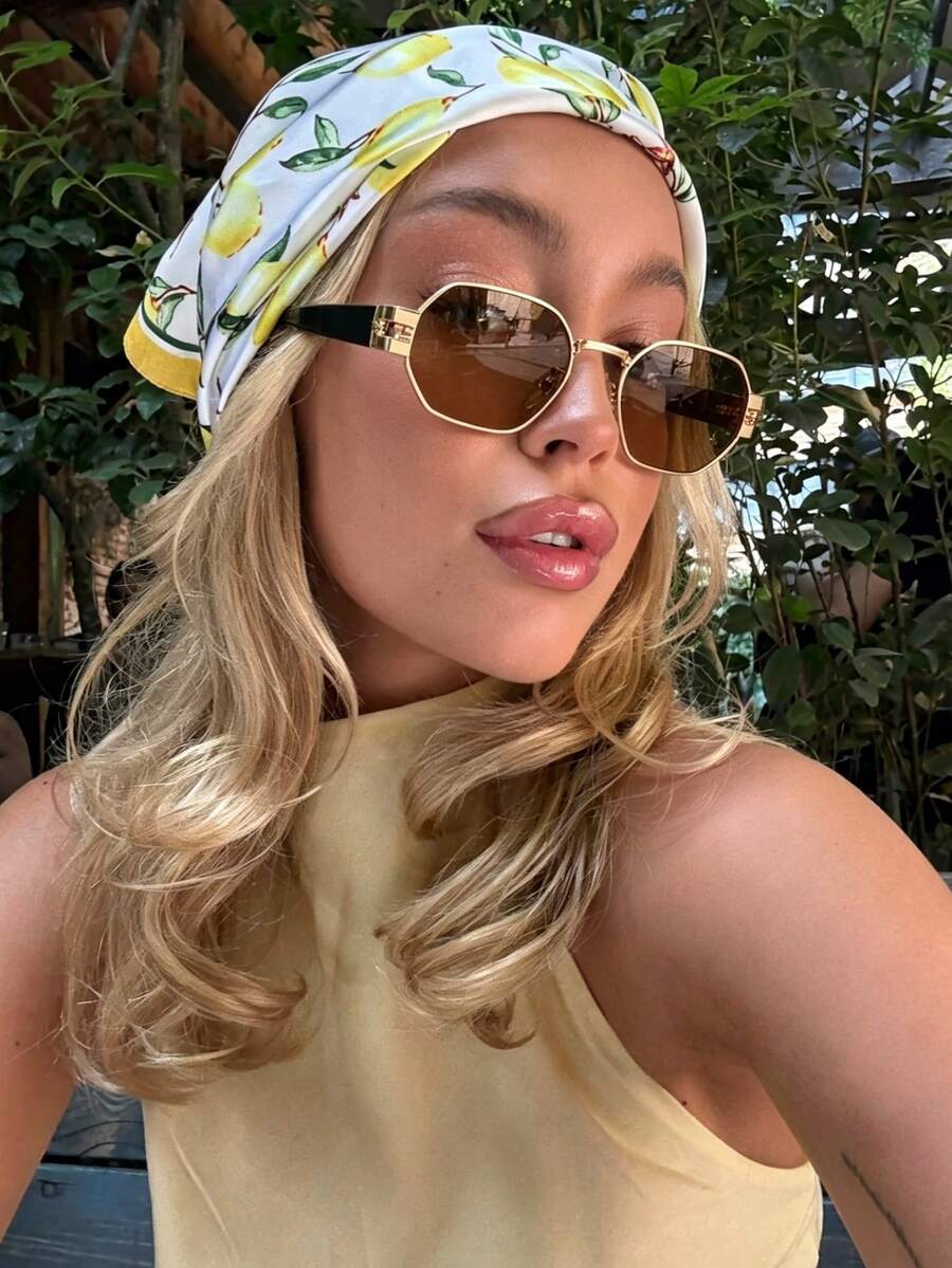 1pc Fashionable Small Polygon Metal Frame Glasses, High-End Personalized Street Style, Suitable For Women's Summer Street Photography, Tropical Beach Vacation, Outdoor Leisure Activities - Brown - View 1