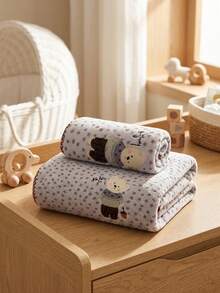 1pc/2pcs Approx. 14*29in/28*55in Pink Leopard Print Towel, Cute Embroidered Rabbit Pattern Coral Fleece Bath Towel + Face Towel, Super Soft High Absorbency Quick Dry Thick Non-Shedding Towel, Suitable For Bathroom, Home, Travel, Back To School - Light Grey - View 4
