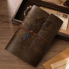 Unisex Diary Notebook, Brown Leather Sketchbook Classic Spiral Bound Notebook, Unlined Kraft Paper Refillable Journal Travel Diary, Suitable For Writing Ideal Gift (Leaf) - Multicolor - View 1
