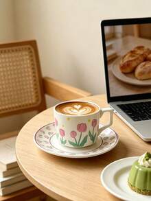 6 Sets/1 Set 240ml Pink Tulip Square Handle Ceramic Coffee Cup & Saucer, Microwave And Dishwasher , Espresso, Arabic Coffee Cup, Saudi Coffee Cup, Suitable For Afternoon Tea, Cafe, Kitchen, Perfect Gift - Multicolor - View 3