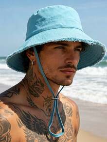 1pc Men's Drawstring Brim Bucket Hat, Adjustable Chin Strap Design, Distressed Effect Surface, Soft Fabric, Sun Protection And Windproof, Fashionable And Versatile, Suitable For Travel, Beach Leisure And Daily Wear - Multicolor - View 7