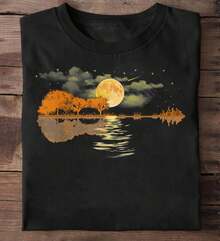 Guitar Lake Reflections T-Shirt: Musician Gift - 黑色 - 查看 3