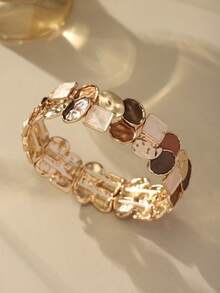 Cring Coco Set Gelang Elastis Enamel Blok Warna Kopi Vintage 2 Buah, Gelang Elastis Tumpuk Geometris Tidak Beraturan, Perhiasan Gelang Lebar Bertekstur Retro untuk Wanita - Geometri 1 - View 2