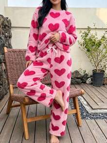 Girls Pink Heart Coral Fleece Pajama Set, Thickened Plush Loose Long Sleeve Home Wear 2 Pieces Set, Autumn/Winter - Hot Pink - View 4