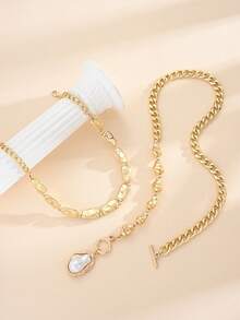 2 pièces Ensemble de colliers empilés multi-couches style minimaliste exagéré Old Money avec pendentif en fausses perles asymétriques et fermoir OT doré pour femmes, convient pour les vacances, les rendez-vous, les fêtes, les bals, les banquets, les fêtes, les cadeaux d'anniversaire, le port quotidien - Or jaune - Voir 5