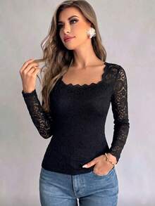 1pc Solid Color Knit Fabric Lace Patchwork Elegant Women's Long Sleeve Square Neck Top For Daily Wear And Dating In Autumn/Winter - Black - View 5