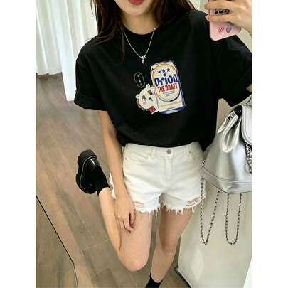 レディースゆったりプリントTシャツ-半袖、ゆったりプリント、機械洗浄、プリントデザイン