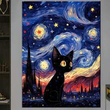 1pc Diamond Painting Kit, DIY Handmade Diamond Art Wall Decor, Starry Sky Black Cat - Multicolor - View 1