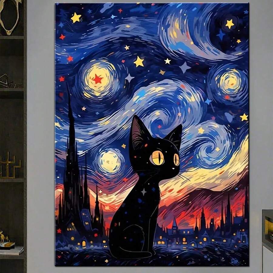 1pc Diamond Painting Kit, DIY Handmade Diamond Art Wall Decor, Starry Sky Black Cat - Multicolor - View 1