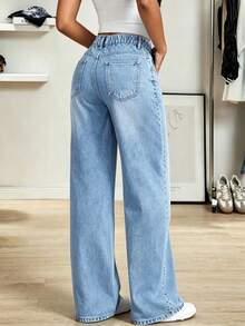 Teen Girl's Elastic Waist Design Flattering Fit Washed Wide Leg Denim Cropped, Versatile For Daily Wear - Medium Wash - View 2