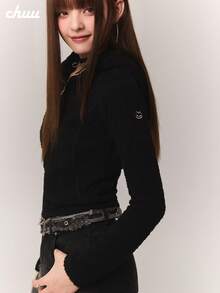 CHUU Fleece Hooded Casual Y2K Sweet Cool Long Sleeve Autumn/Winter Sweatshirt Knit Sweatshirt, Inner Layer Or Outer Wear - Black - View 4