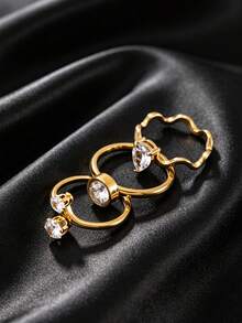 3pcs Fashion Stainless Steel Gold Zirconia Thin Rings, Luxury Non-Fading Stackable Finger Rings, Daily Commute Date Atmosphere Jewelry Gift, Unisex - Gold - View 2