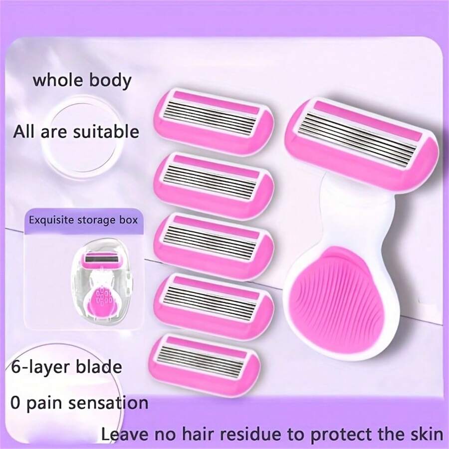 1pc Razor + 6pcs Replacement Blades, Bikini Hair Removal Razor, Women's 6-Layer Anti-Scratch Razor, Stainless Steel Full Body Razor, Manual Hair Removal Razor, Compact Home & Travel Shaving Tool