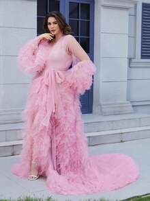 1 Piece Maternity Dresses Pregnant Gown For Photoshoot Christmas Sexy Mesh Fabric Ruffle Hem Wedding Kimono Women Dresses Belt Tie Relax Fit Oversized - 藕粉色 - 查看 8