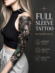 1 Pc Full Arm Temporary Tattoo Sleeve, Black & Grey Gothic Skull Warrior Ship Design, Steampunk Mechanical Style Fake Tattoo Sticker, Realistic Body Art, Waterproof Long Lasting Tattoo Transfer For Men - Black - View 4
