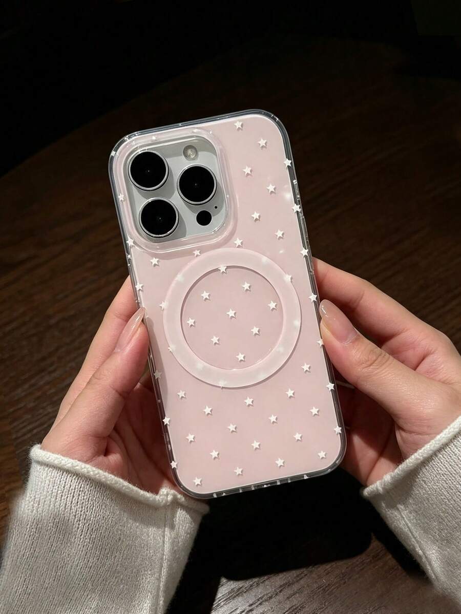 1pc Minimalist White Star Print Light Pink Phone Case, Full Camera Shockproof Protection, Soft Girl Style Fashion Decor, Holiday Gift For Best Friend, Compatible With Iphone 11 12 13 14 15 16 17 Pro Max - Multicolor - View 1