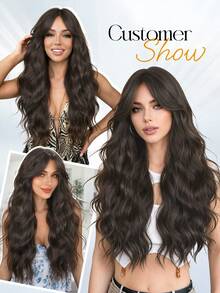 Women's 26 Inch Long Wavy Curly Wig With Curtain Bangs, Natural Dark Brown Synthetic Fiber Hair, Suitable For Daily Wear, Beginner Friendly, Heat Resistant Fashionable Style, Glue-Free Ready To Wear - Multicolor - View 6