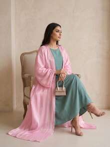 Hafizah Middle Eastern Modest Women Abaya Dress, Dubai Outerwear Cardigan Robe, Shiny Fabric, - Berwarna merah muda - View 3