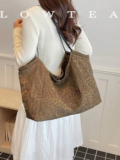 low tea 1pc Leopard Print Fabric Shoulder Tote Bag, Suitable For Commuting, Shopping And More