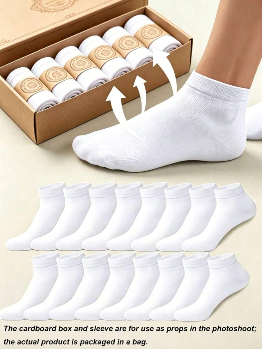5/10/15/20/30 Pairs Men's Solid Color Boat Socks, Sweat-Absorbent Breathable Comfortable Invisible Socks, Men's Boat Socks, Women's Short Socks, Student Socks, Back To School Season, Adult Socks, Short Socks, Mid-Calf Socks, Invisible Ankle Socks, Comfortable Breathable, Summer Socks, Thin Socks, Women's Socks, Suitable For Home And Travel Use - White - View 1