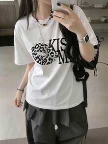 Women's Round Neck Short Sleeve T-Shirt, Summer New Leopard Print Lips & Letter Graphic, Fashion Casual Versatile Loose Top White - White - View 10