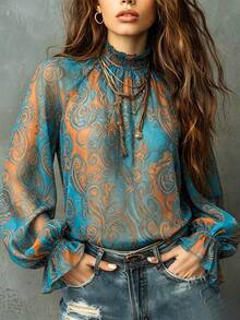Vintage Paisley Cashew Flower Chiffon Tank Top Women, Bohemian Style Semi-Sheer Flowy Sleeveless Loose Blouse With All-Over Paisley Print And Ruffle Collar - Blue - View 1